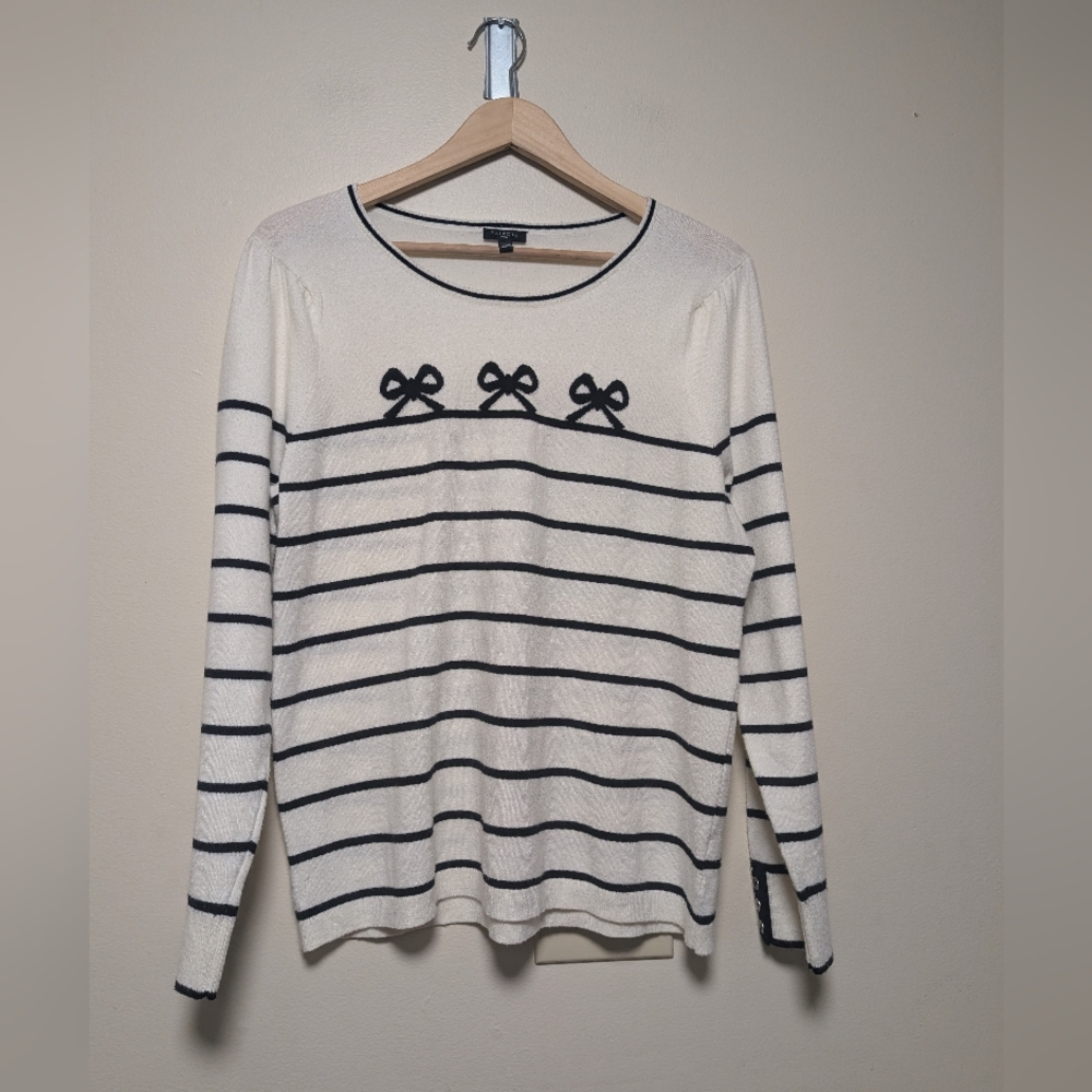 Talbots Petite XL Black White Stripe Bow Sweater Preppy Top